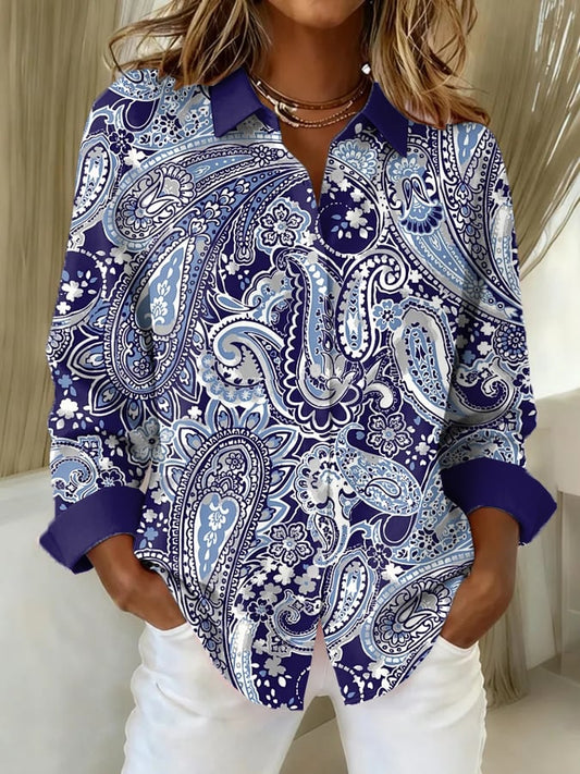 Women's Paisley Art Print Casual Lapel Shirt