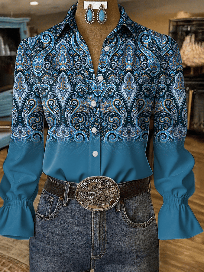 Women's Western Vintage Art Floral Print Shirt