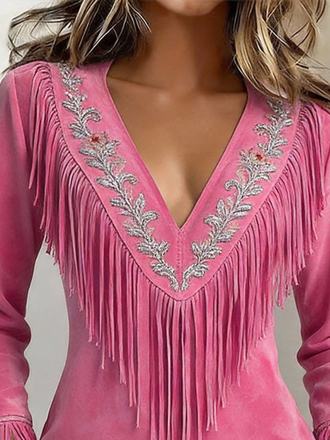 Women'S Vintage V-Neck Long-Sleeved Fringed Shirt