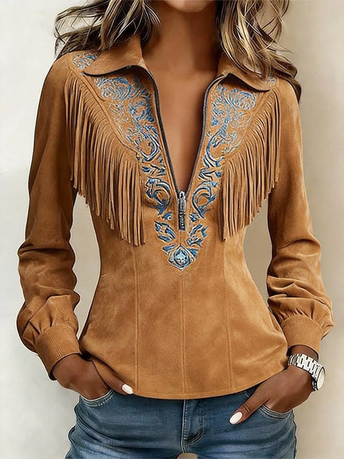 Women'S Vintage Lapel Long-Sleeved Fringed Shirt