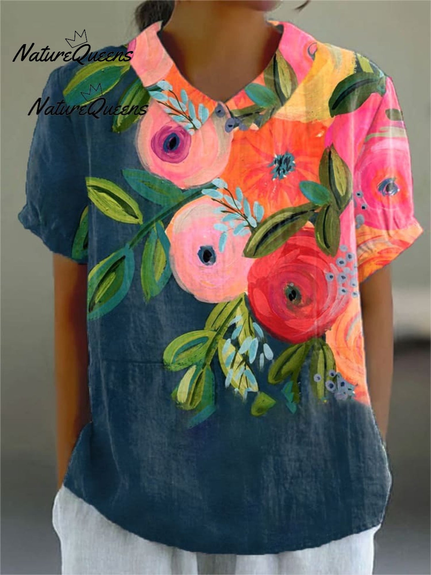 Women's  Floral Art  Print Casual Cotton Shirt