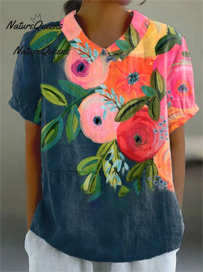 Women's  Floral Art  Print Casual Cotton Shirt