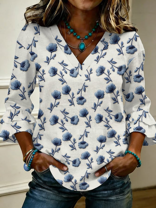 Women's Retro Floral Print Casual V-Neck Ruffle Shirt