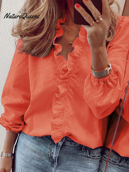 Women's Casual Cotton and Linen Ruffle Shirt