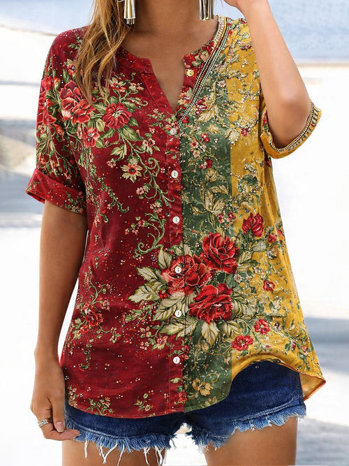 Women's Retro Casual Floral Art Print Short-Sleeve Shirt