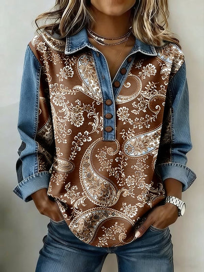 Women's Vintage Floral Print Lapel Shirt