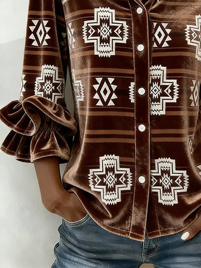 Women'S Casual Lapel Printed Velvet Shirt