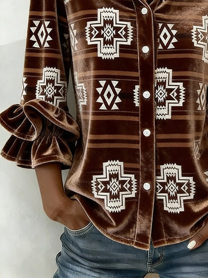 Women'S Casual Lapel Printed Velvet Shirt