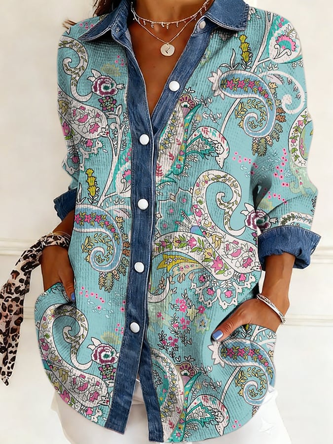 Women's Casual Faith Print Color Block Long-Sleeve Shirt