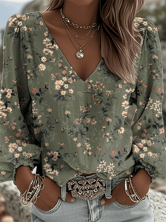 Women's Vintage Western Print V-Neck Shirt