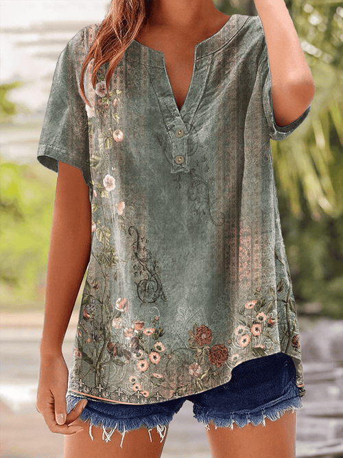 Women's Vintage Botanical Floral Button Design V-Neck Short Sleeve Shirt