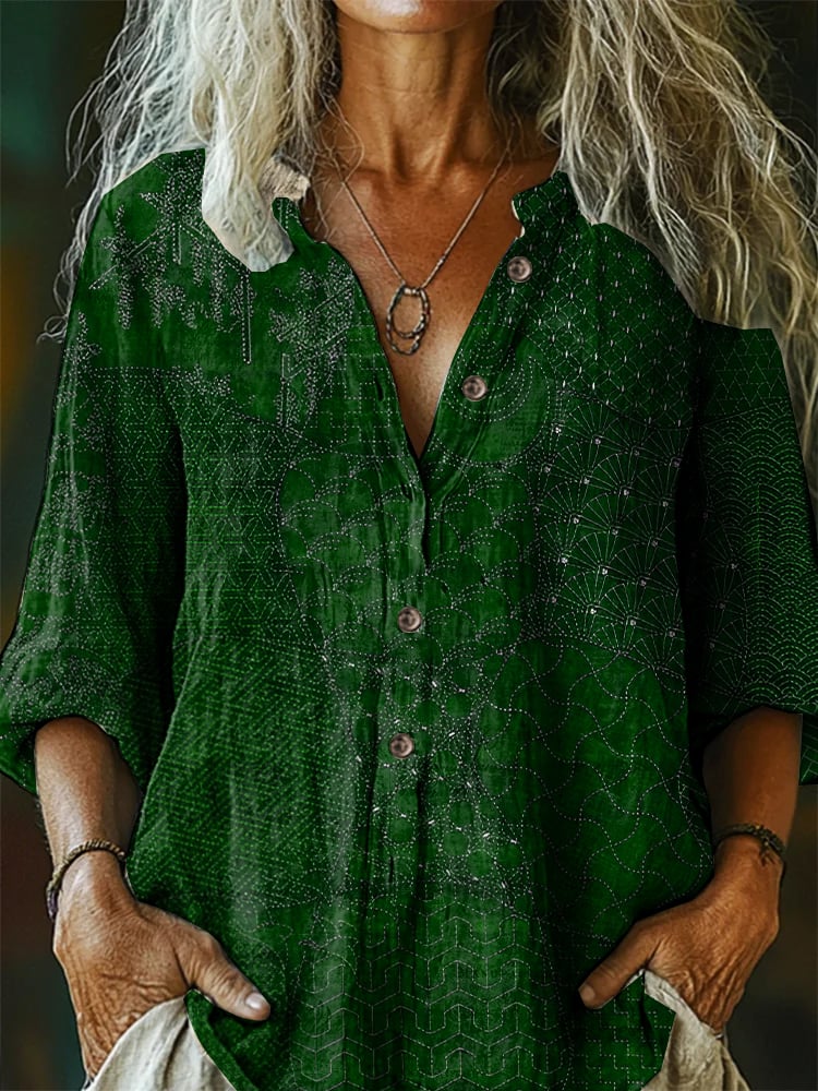 Women's Casual Retro Floral Cotton And Linen Shirt