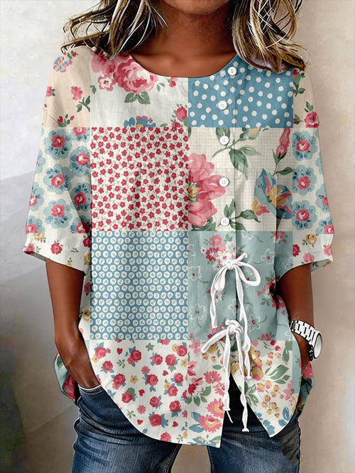 Women's Retro Floral Button Lace Up Tie Shirt