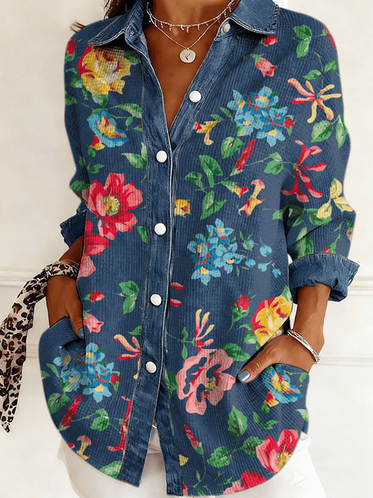 Women's Vintage Floral Print Casual Color-Block Waffle Knit Shirt