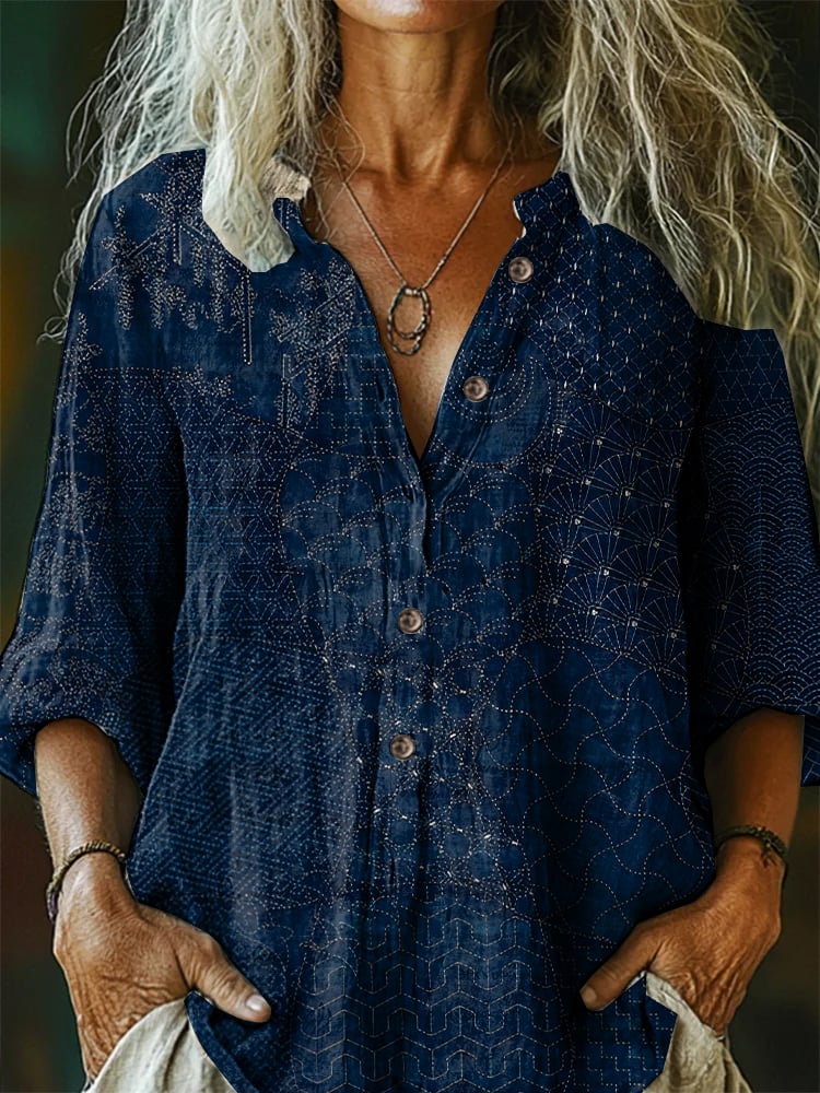 Women's Casual Retro Floral Cotton And Linen Shirt