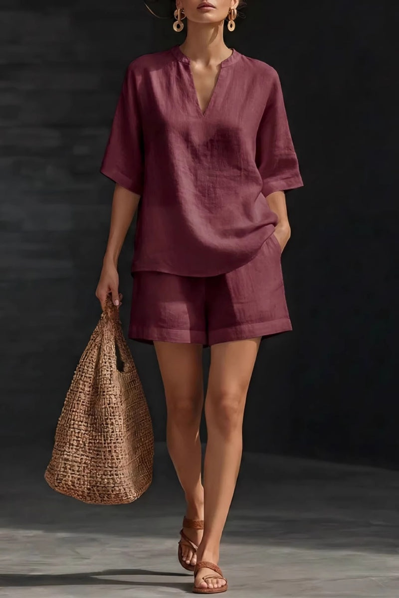 Minimalist Cozy V-neck Shirt And Shorts Linen Cotton Two-piece Set