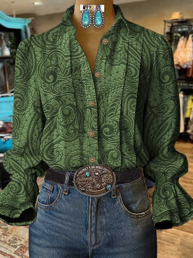 Women's Retro Casual Autumn Western Puff Sleeve Shirt