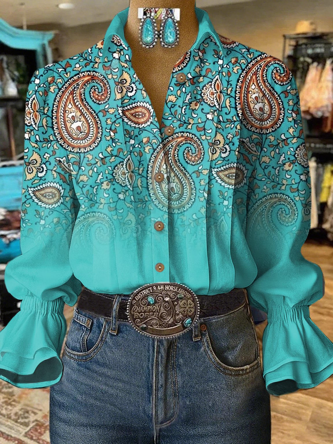 Women's Retro Western Paisley Design Printed Casual Shirt