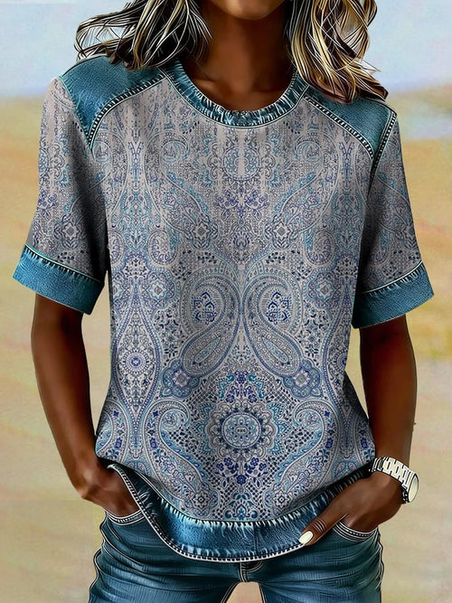 Women's casual retro Western floral T-shirt