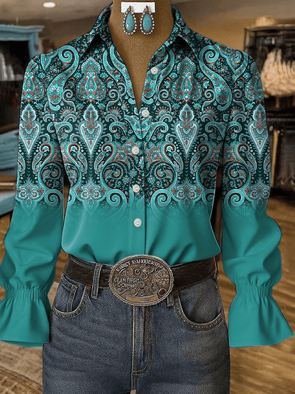Women's Western Vintage Art Floral Print Shirt