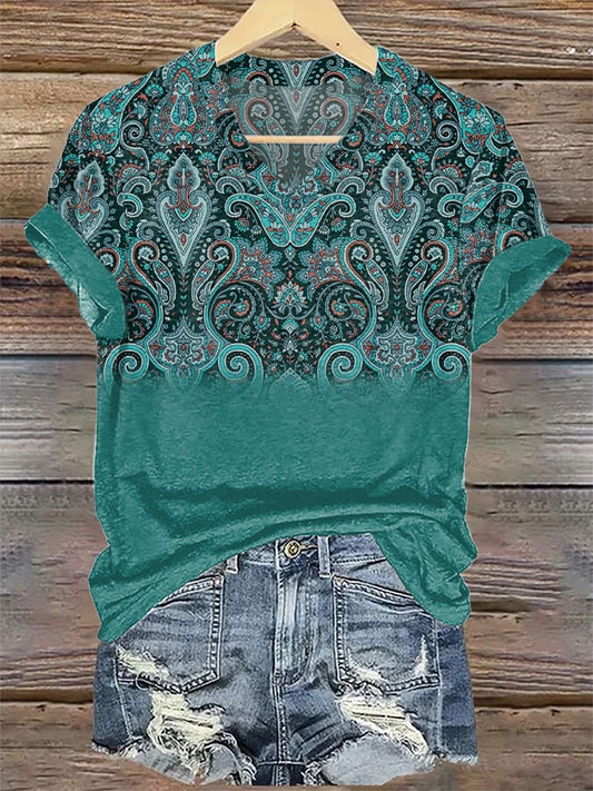 Women's Western Style Graphic Print V-Neck T-Shirt