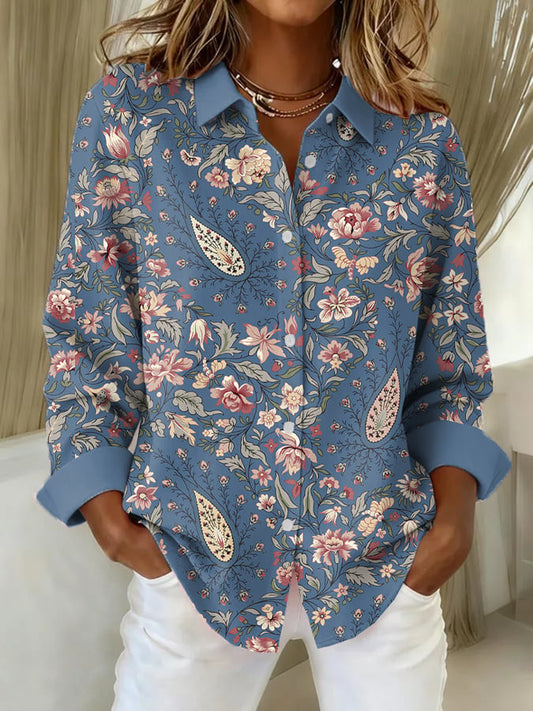 Women's Paisley Art Print Casual Lapel Shirt