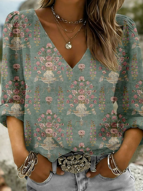 Women's Casual Floral Cotton And Linen Shirt