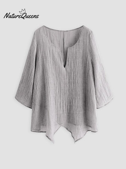 JFN Cotton & Linen Asymmetric Hem Loose Fit Long Sleeve Shirts Tunic Top