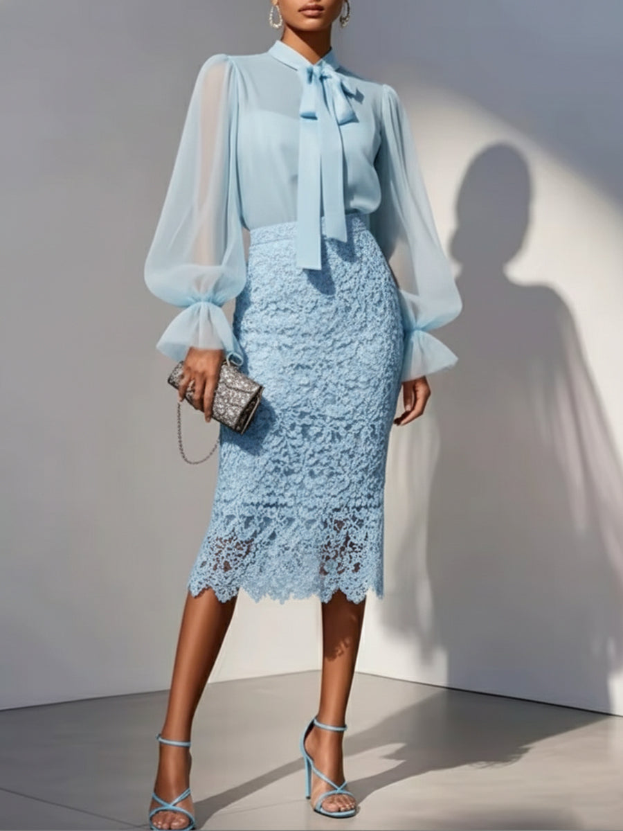 Elegant Chiffon Blouse And Lace Skirt Two-piece Set