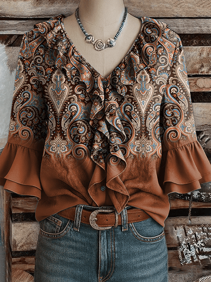 Women's Western Vintage Art Floral Print Shirt