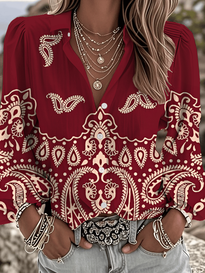 Women's Vintage Western Paisley Print Lapel Shirt