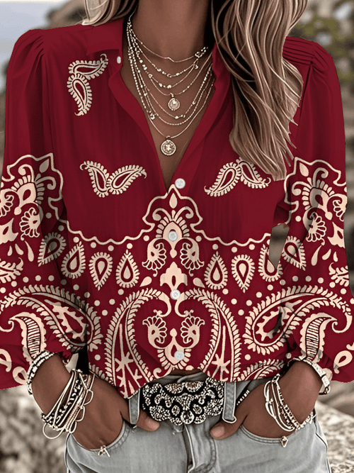 Women's Vintage Western Paisley Print Lapel Shirt