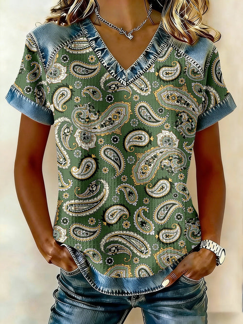 Women's Western-Style Paisley Print Waffle Knit V-Neck Short-Sleeved T-Shirt