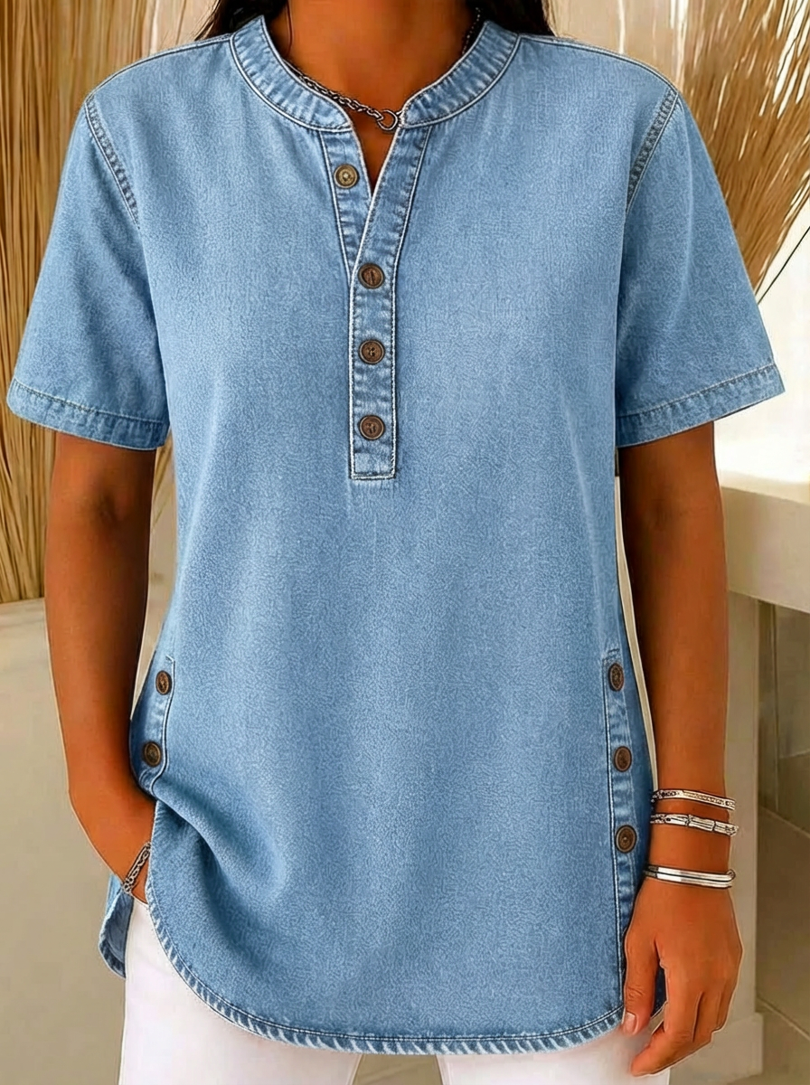 Women's Loose Denim Top - V Neck Short Sleeve Casual Button Up Cotton Blouse