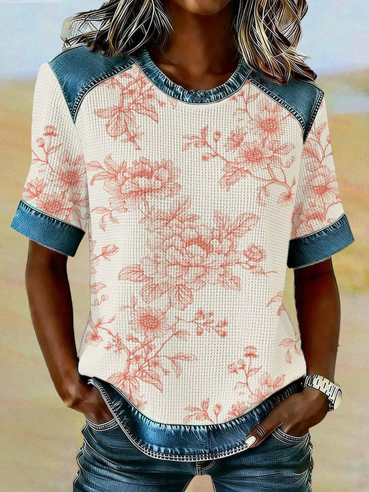 Women's Casual Retro Floral Waffle Color Block T-shirt