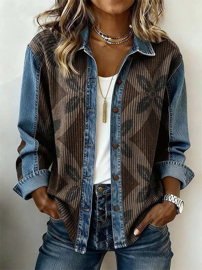 Women'S Casual Lapel Printed Color-Block Spliced Shirt