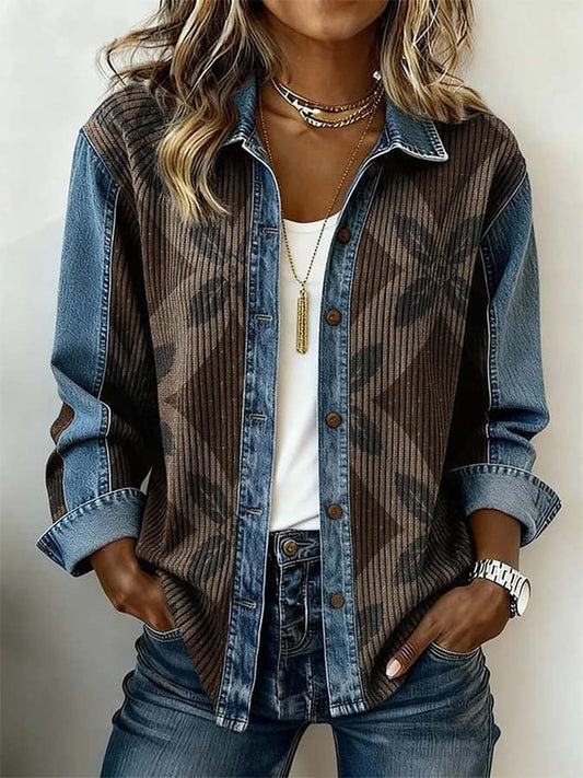 Women'S Casual Lapel Printed Color-Block Spliced Shirt