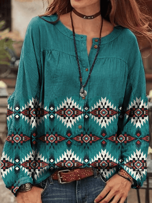 Women's Western Retro Flowers Printed Shirt