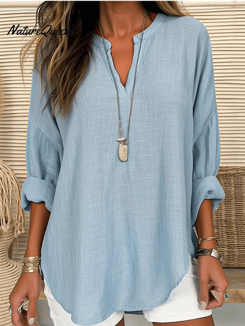 Women's Cotton Long Sleeve Round Neck Solid Color Loose Beach Shirt