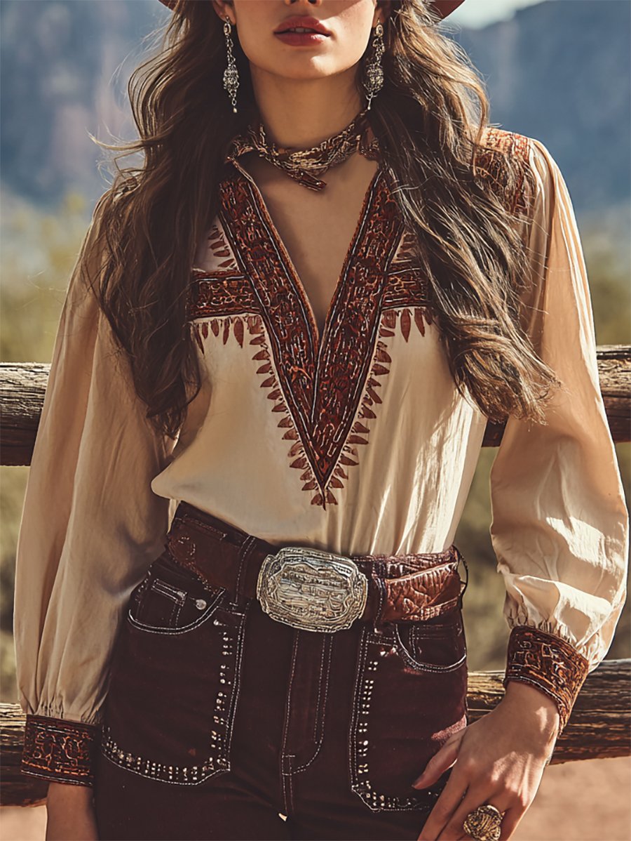 Women's Vintage Casual Western Long Sleeve Stand Collar Shirt