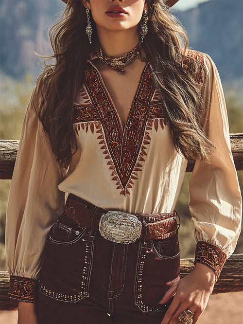 Women's Vintage Casual Western Long Sleeve Stand Collar Shirt