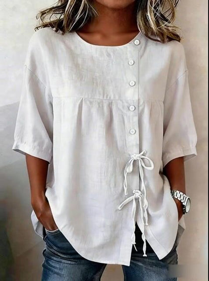 Women'S Casual Solid Color Tie-Waist Shirt