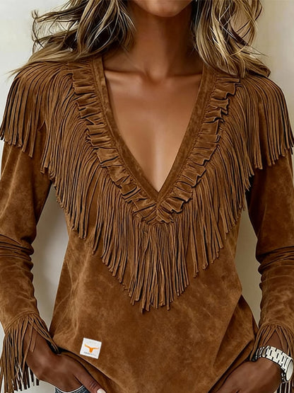Women's Western V-neck Ruffled Tassel T-shirt