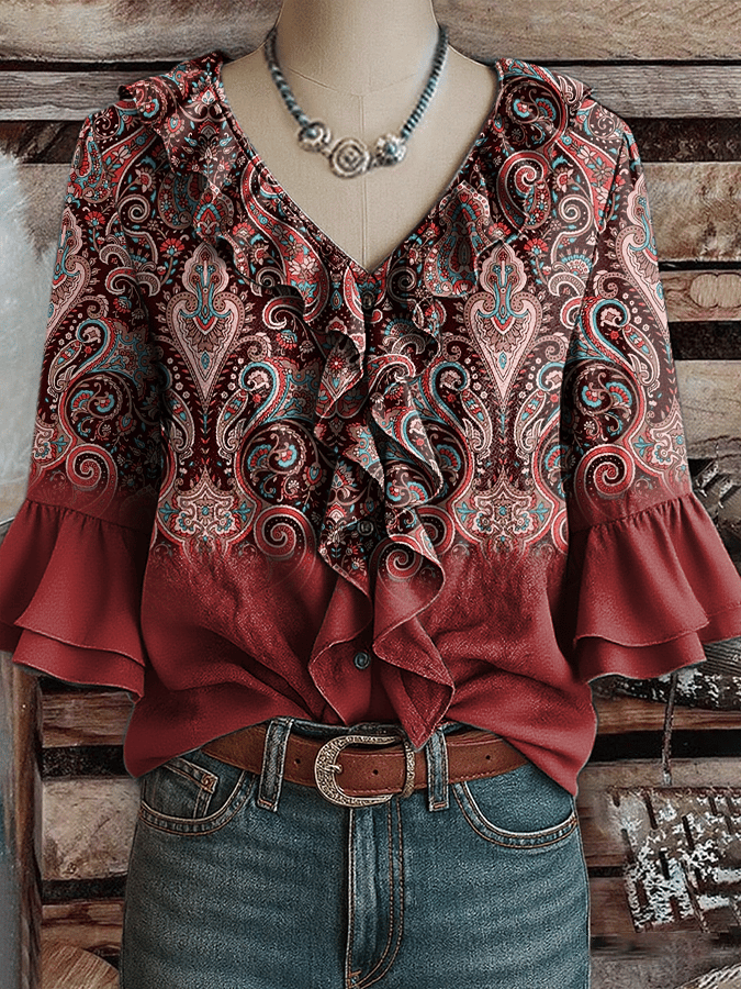 Women's Western Vintage Art Floral Print Shirt