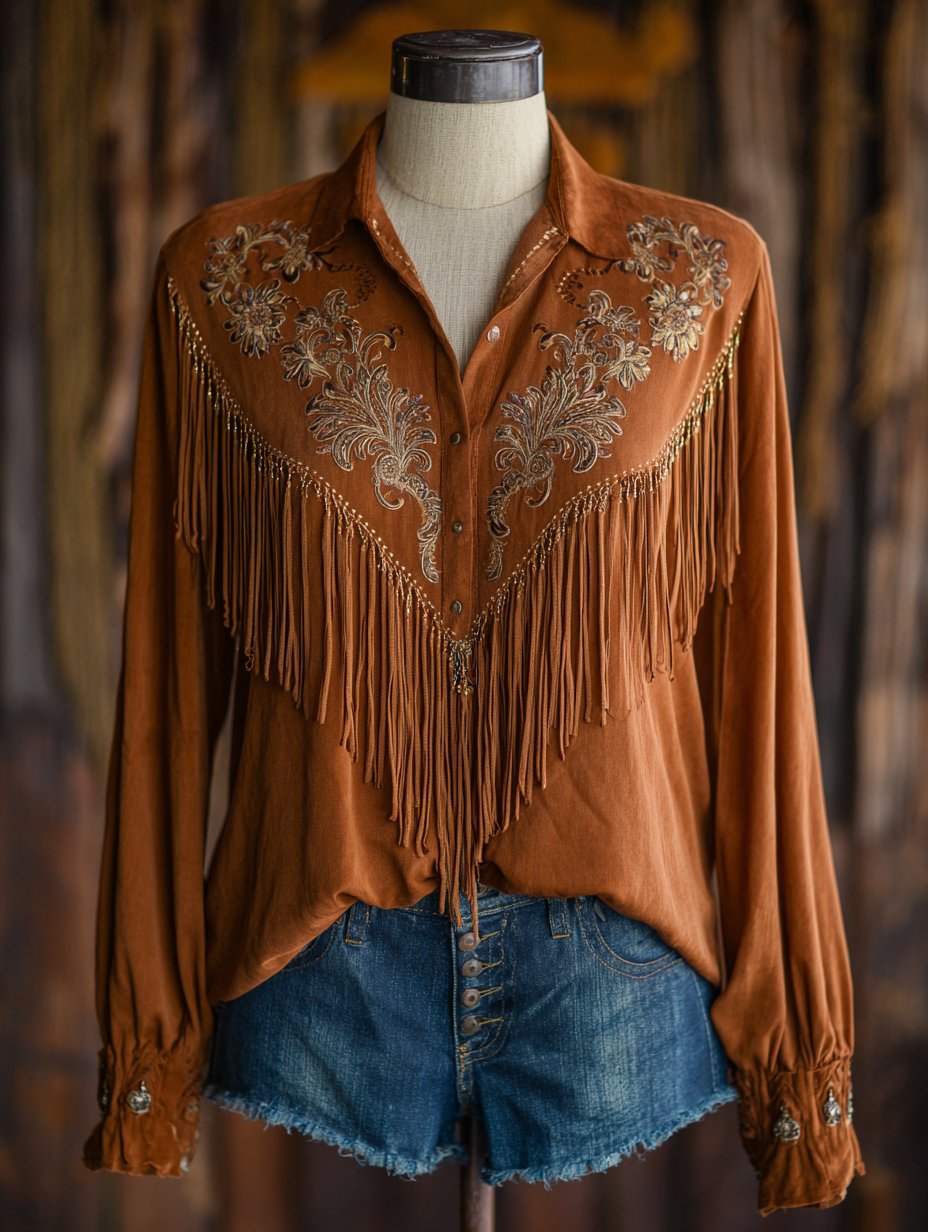 Women's Western Vintage Tassel Floral Print Western Long Sleeve Shirt