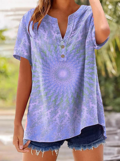 Women's Casual Retro Heart Cotton And Linen Print Shirt