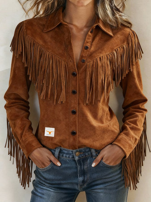 Women's Retro Collared Long-Sleeved Tassel Shirt