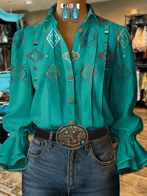 Women's Casual Western Cow Puff Sleeve Shirt