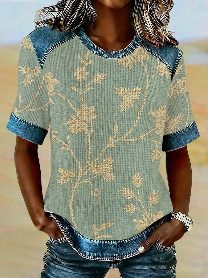 Women's Casual Retro Floral Waffle Color Block T-shirt