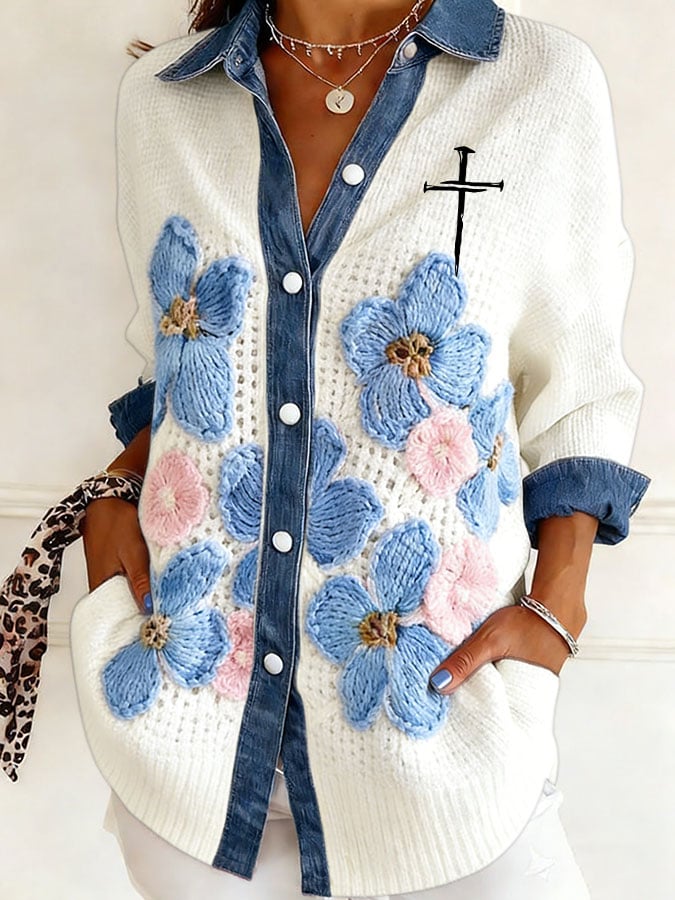 Women's Faith Print Casual Color Block Waffle Shirt